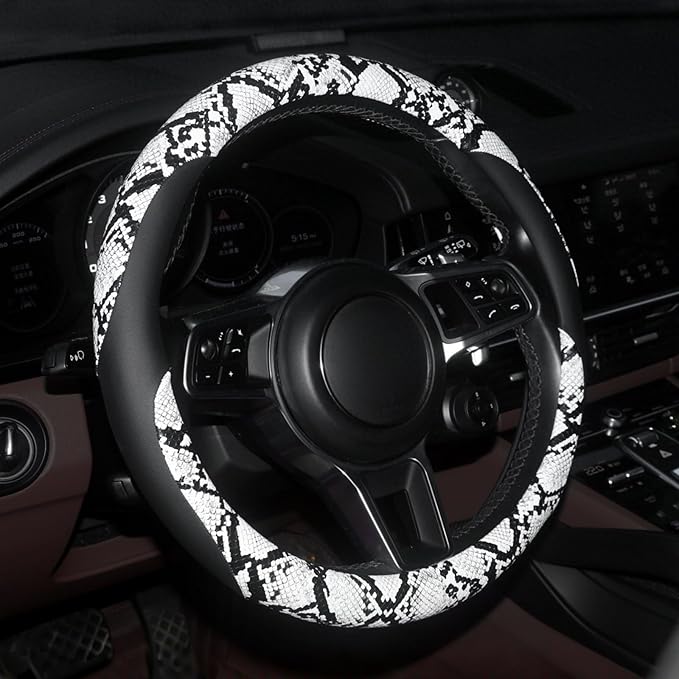 ZHOL Snake Skin Steering Wheel Cover Leather 14.5-15 Inch, Reversible Car Steering Wheel Cover for Women Men, Anti-Slip Design, Universal Fit for Cars, SUVs, Black&White