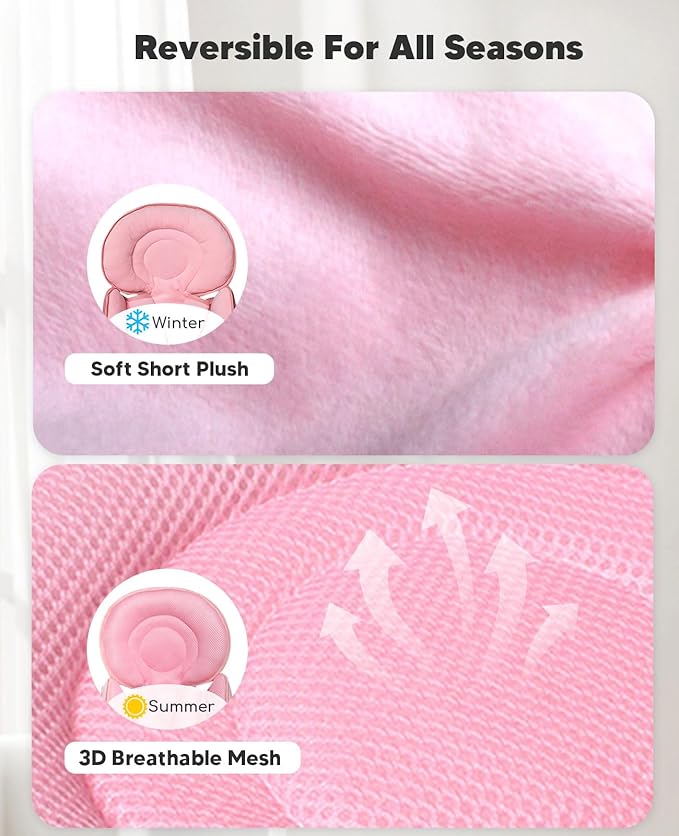 Infant Car Seat Insert for Newborn Girls Boys, 3 in 1 Reversible Cushion for Carseat with Strap Pads Buckle Cover Extra Soft Carseat Support Pad for All Season, Pink