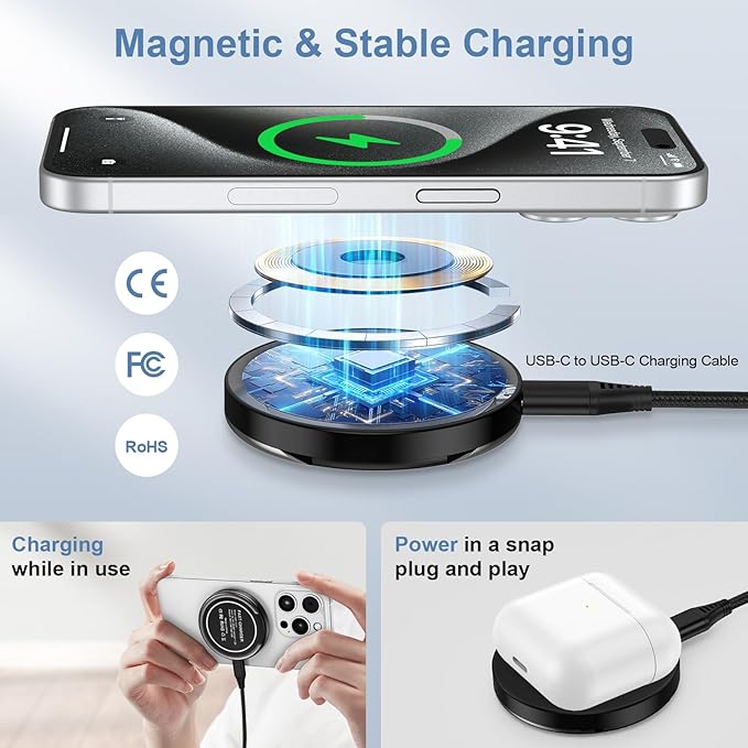 Samsung S25 Ultra Wireless Charger Fast Charging Pad Magnetic Charger for Samsung Galaxy S26 S25 Plus/S24 Ultra/S23/S22/S21/S20/S10,2Pack 15W Wireless Fast Charger Stand for iPhone 16 Pro Max/15/14/13