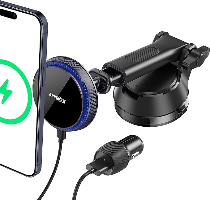 APPS2Car for 15W Car Mount Charger, for iPhone 16 Wireless Car Charger Magnetic Car Phone Holder Mount, Dashboard Windshield Vent for iPhone 16/15/14/13/12 Series, Compatible with MagSafe and Case