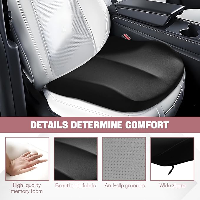 Hovom Car Seat Cushion, Wedge Memory Foam Car Cushion for Driving Seats, Non-Slip Adult Booster Seat Cushions Pad for Driver, Raise Height to Improve Driving Vision & Tailbone Pain Relief (Black)