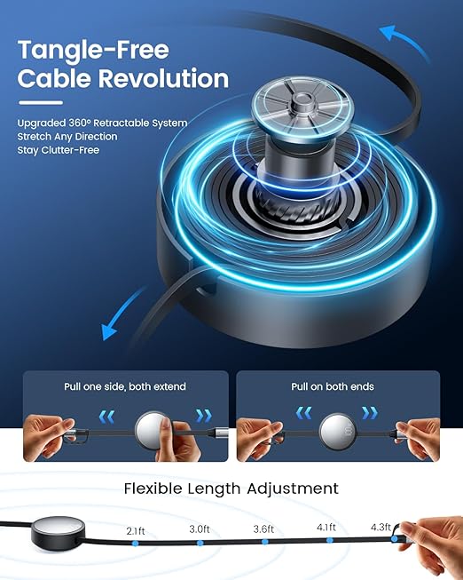 CAFELE Multi Charging Cable 100W Retractable USB C Cable, 6-in-1 Dual Type C and 27W L 5A Fast Charger Cord for Phone 16 15 14, Galaxy S24 S23, MBook, Pad and Multiple Devices (4.3ft)