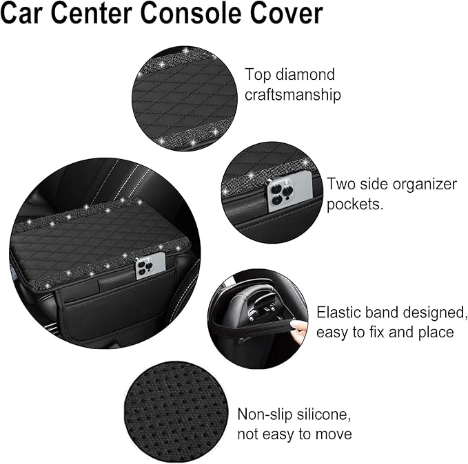 NBTEPEM Bling Car Center Console Cover, Leather Car Arm Rest Cover Cushion with 2 Storage Bags, Universal Automotive Armrest Protector Storage Box, Bling Accessories Interior for Most Vehicles (Black)
