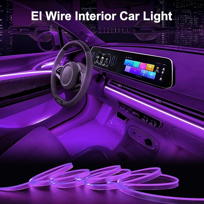 EL Wire Interior Car LED Strip Lights, 16.5FT USB Neon Glowing Strobing Electroluminescent Wire Strip with 6mm Sewing Edge, Ambient Lighting Kits for Car Indoor Decoration (Purple)