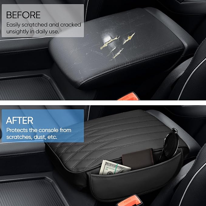 wuyaoyao Car Center Console Cover, Leather Car Armrest Box Cover, 12.40"×8.46"×1.97" Arm Rest Pad with Pockets, Soft Auto Armrest Storage Box Protector, Universal Interior Car Accessories (Black)