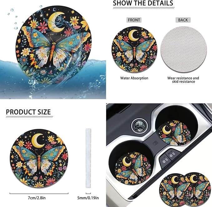 Butterfly Print Car Steering Wheel Cover 6 Pcs Flower Funny Car Interior Decor Cup Coaster Armrest Cover Fits Most Cars Trucks Vans and SUV