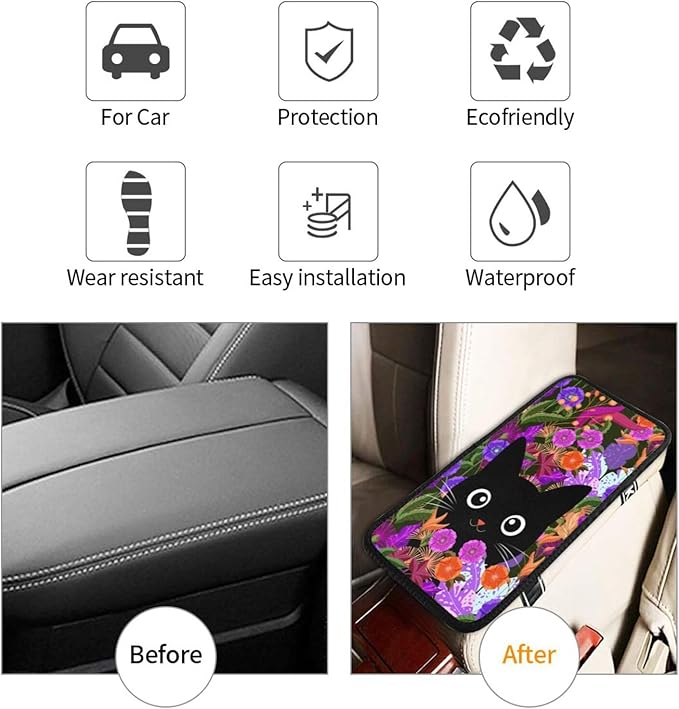 Universal Car Center Console Cushion Pad, Purple Flowers Black Cat Soft Waterproof Car Center Console Cover Auto Armrest Seat Box Cover Protector for Most Vehicle SUV Truck Car