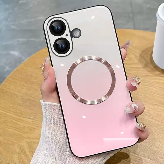 Guppy Compatible with iPhone 17 Magnetic Case, with Full Camera Lens Protector [Compatible with MagSafe] Scratch Resistant Gradient Glass Back Cover Phone Case-Pink
