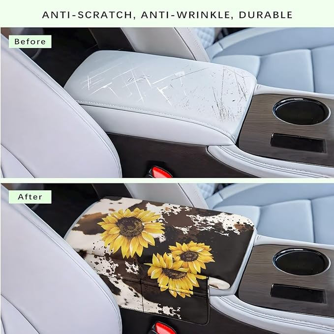 Dreaweet Brown Cow Print Center Console Cover Pad Cute Sunflower Car Accessories for Women Arm Rest Cover with Pockets for Car SUV Truck Non Slip Scratch Proof Thick Car Armrest Cushion