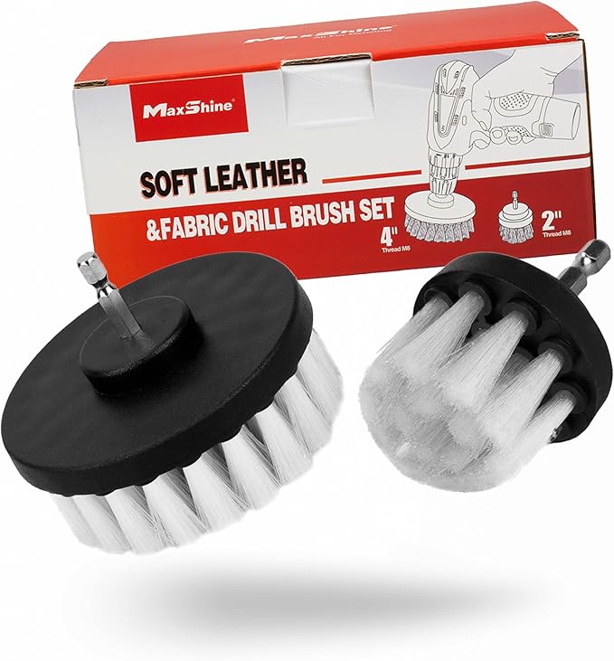 Maxshine 2" & 4" Universal 2-Piece Soft Leather Drill Brush Attachment Set – Professional Detailing for Leather, Fabric, Delicate Carpets & Convertible Tops – Gentle Cleaning Tool