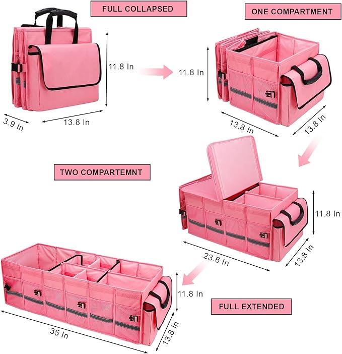 Car Trunk Organizer and Storage with Lid & Removable Leakproof Cooler Bag, Car Accessories 6 Removable Dividers for Custom Space, Collapsible Large Trunk Organizers Interior for SUV & Sendan, Black