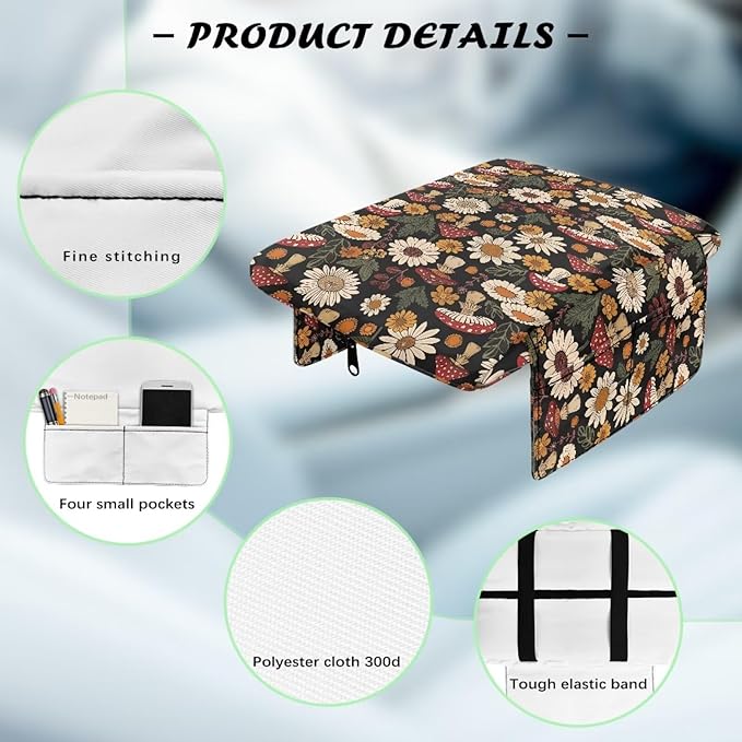 Tupalatus Mushroom Car Armrest Cover with 2 Storage Bags Flowers Universal Center Console Pad Washable Armrest Seat Box Cover Easy Installation Universal Fit for Cars,Trucks & SUVs