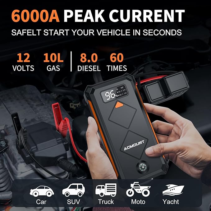 Acmount P110 Car Jump Starter, 6000A Peak Lithium Jump Starter Battery Pack for Up to 10.0L Gas or 8.0L Diesel Engine, Safe 12V Portable Battery Starter Power Pack with LED Screen & LED Light - Orange