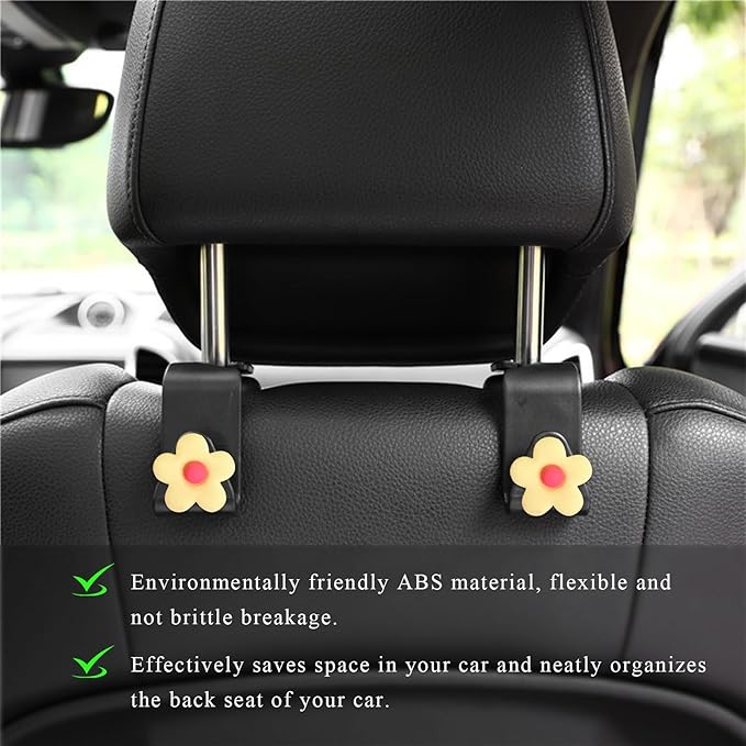 4 PCS Car Seat Headrest Hook, Plastic Headrest Hooks with Adhesive Flower, Auto Back Seat Hanger Storage Hook for Grocery Bag Purse Handbag Umbrella, Car Accessories (Light Yellow)