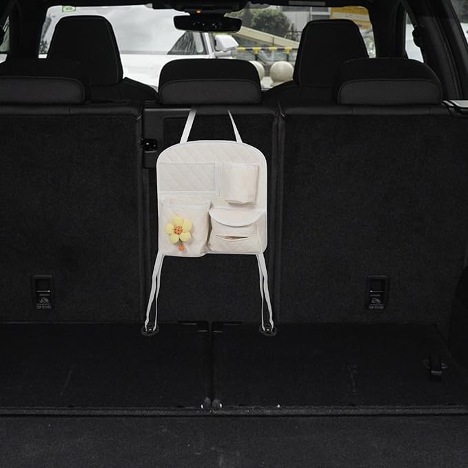 Car Seat Back Storage Organizer Bag, Multifunctional Leather Backseat Car Organizer with Hanging Pockets, Beige Quilted Design for Suv and Family Travel Interior