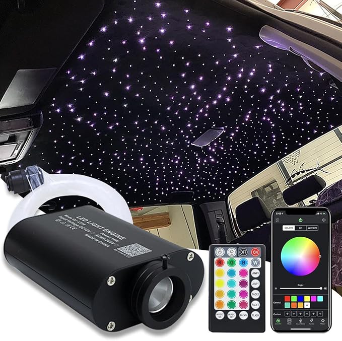 AMKI 16W Fiber Optic Lights,Starlight Headliner Light Kit APP/Remote Control Sound Activated Mode for Car&Home Decoration,Optical Fiber Cable Strands (0.75mm+1mm+1.5mm) 9.8ft/3m Long 415pcs