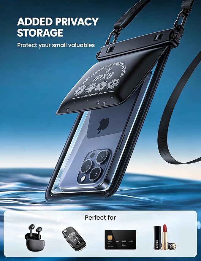 Lamicall Double Pocket Waterproof Phone Pouch - IPX8 Dry Bag - Privacy Storage for Card & Key - Cruise Ship, Beach Essentials for iPhone 17 16 15 Pro Max, Galaxy S25, for Bulky Cases to 7.5", Mom Gift