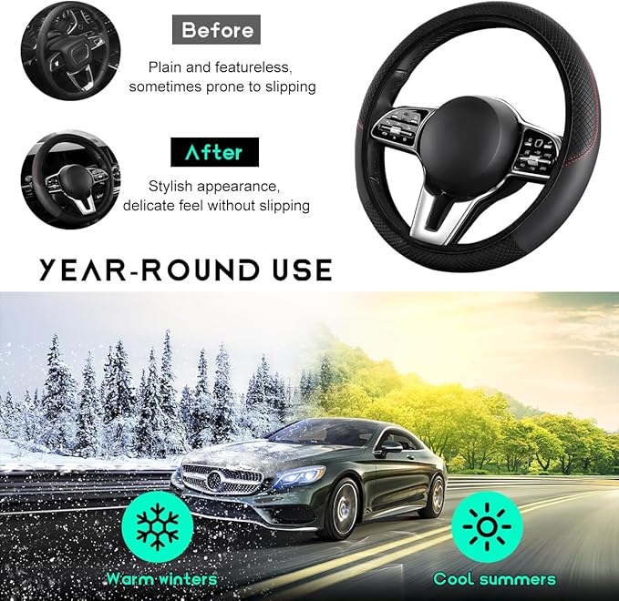 Car Steering Wheel Cover, 15 inch Carbon Fiber Microfiber Leather Elastic Steering Wheel Protector, Breathable Anti-Slip Comfortable Steering Wheel Covers for Most Cars (Black, AD)