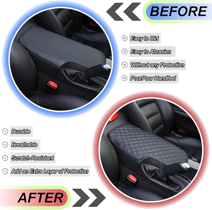 Center Console Armrest Cover for Chevy Corvette C6 2005-2013, Centre Armrest Seat Box Cover, Armrest Arm Rest Pad, Middle Consoles Cushion Protector Mat, Leather (Black)