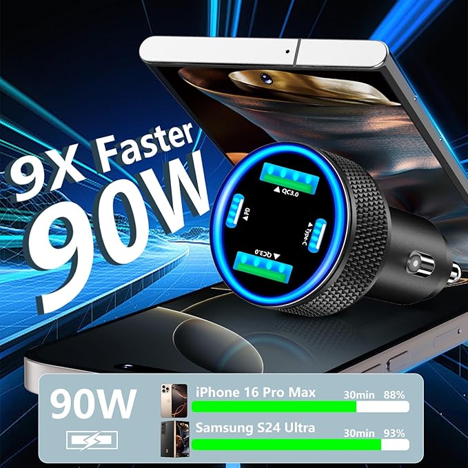 [Apple MFi Certified] iPhone 17 Car Charger, KYOHAYA 90W 4-Port Dual USB-C&USB-A Power Cigarette Lighter PD/QC3.0 UBS-C Car Charger with Type-C Braided Cord for iPhone 17/17 Pro/16 Pro/15/Galaxy/Pixel