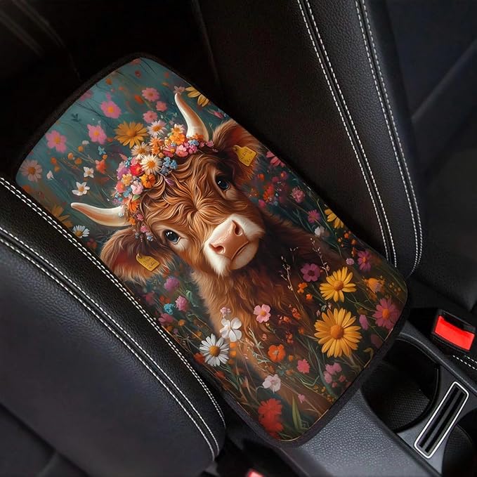 Dreaweet Car Center Console Cover Cute Highland Cow Car Accessories Interior for Women Soft Comfy Arm Rest Cover for Truck SUV Van,Car Armrest Cover Center Console Cushion Pad Universal Fit