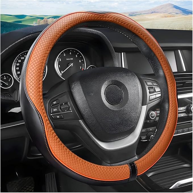 Leather Steering Wheel Cover, Soft Breathable Anti Slip, Universal Fit 15 Inch Car, Truck, SUV (Black/Orange)