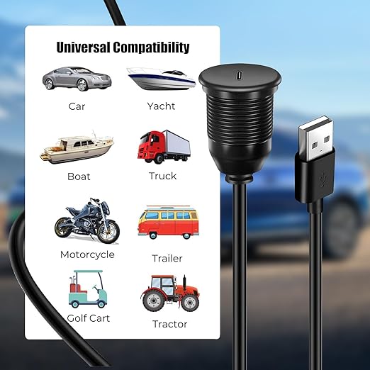 Single Port USB A 2.0 Male to Type C 2.0 Female Extension Cable,Flush Mount Waterproof Panel Cable for Car,Truck,Boat,Motorcycle Dashboard 3.3ft