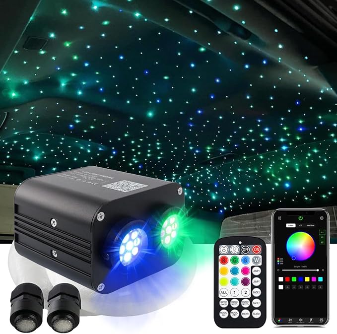 AMKI Dual Color 20W Twinkle Starlight Headliner Kit 600pcs 0.03in 9.8ft Fiber Optic Star Ceiling Light Sound Activated Music Mode APP/Remote Control Dual Port Light Box for Car Home Roof Decor