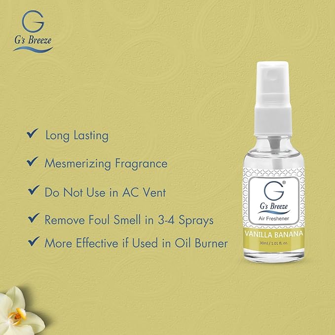 G's Breeze Vanilla Banana Air Freshener - Rich blend of Creamy Vanilla & Ripe Banana Fragrance - Sweet Floral Scent - Long Lasting Aroma - Ideal for Home, Car, Office - Create Cozy Bliss