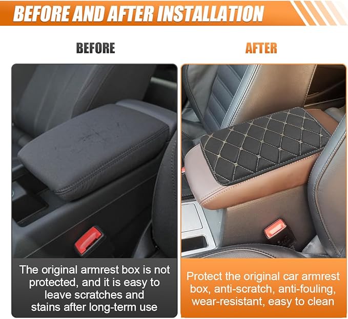 Leather Center Console Cover for Cars, Waterproof Arm Rest Box Protective Cover Car Center Console Cushion Pad, Universal Middle Console Armrest Pad Cover for Most Vehicles (Black/Beige)