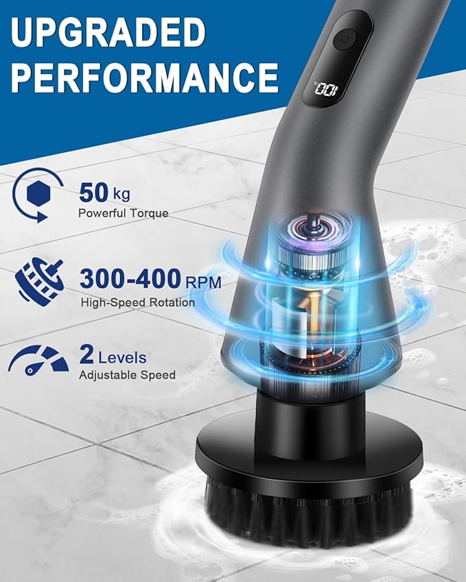 Electric Spin Scrubber -[Upgraded Version] [IPX7 Waterproof] Bathroom Scrubber Electric with 7 Brush Heads, 2 Speed, 400 RPM Power Scrubber with Detachable Long Handle for Bathroom, Home