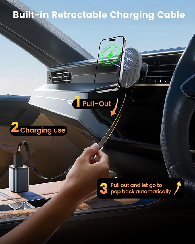 for MagSafe Car Mount Charger, 15W Fast Wireless Cars Charger with Retractable Charging Cable, Magnetic Car Phone Holder for iPhone 17/16/15/14/13/12 Series (Plus & Mini) (Black)