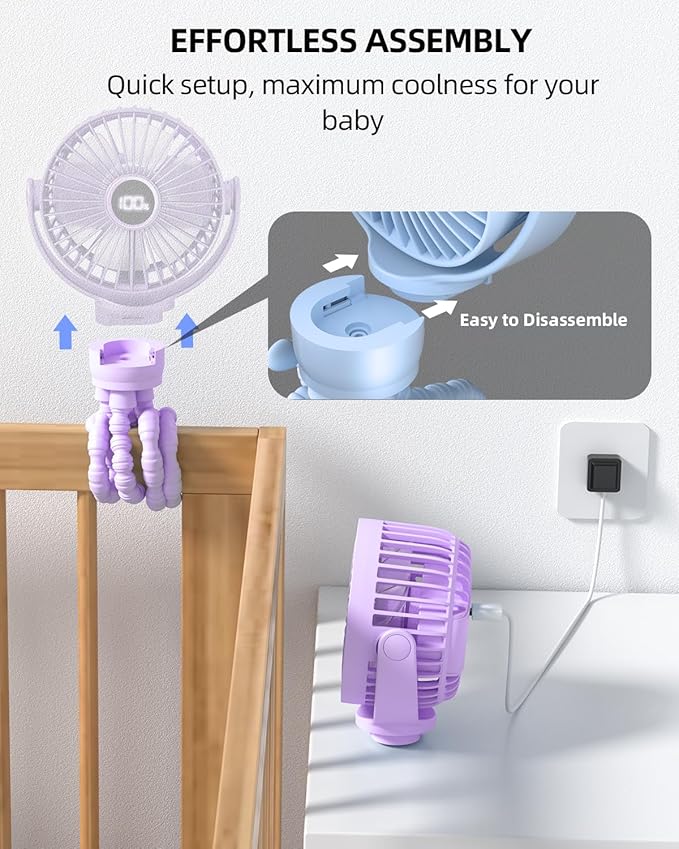 buywoo Portable Stroller Mini Fan, Small Rechargeable Personal Fan, Travel Essentials for Baby, Wagon, Car Seat, Treadmill, Battery Powered Biking Gear Accessories, 360° Rotation, 3-Speed, Display