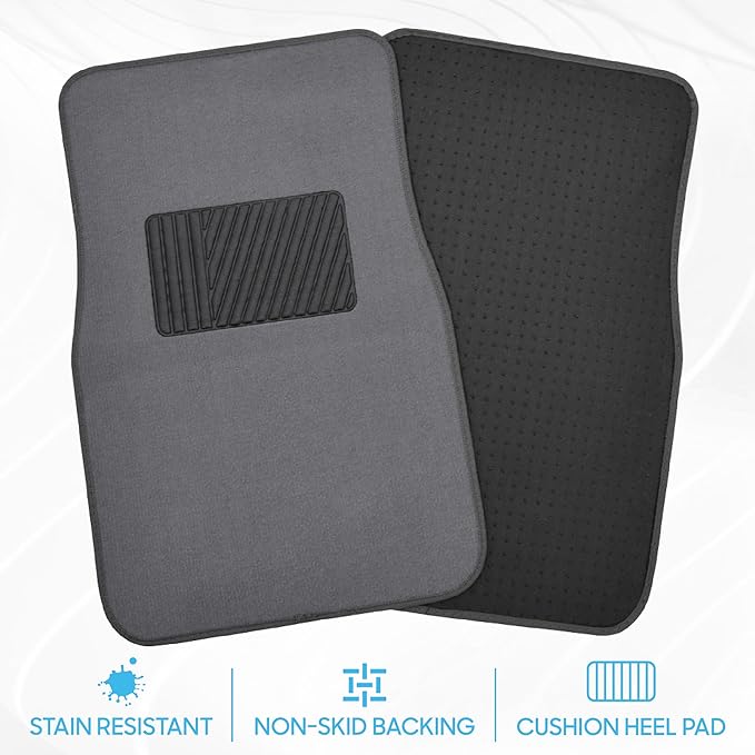 BDK Premium Medium Gray Carpet Floor Mats for Cars - Universal Fit Interior 4-Piece Car Mats Full Set with Vinyl Heel Pad Protector - Cute Car Accessories Interior Floor Covers for SUVs & Trucks