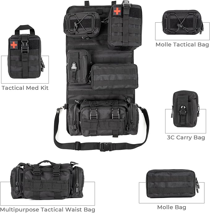 Universal Tactical Car Seat Back Organizer Patrol Bag Tactical Molle Vehicle Organizers with 5 Detachable Molle Pouches Multi-function Designed