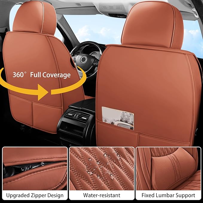 WELLDO Car Seat Covers Full Set, Leather Seat Covers for Car, Waterproof Car Seat Protector with Lumbar Support, Automotive Seat Covers Universal Fit for Most Cars SUV Truck, 2seats,Brown