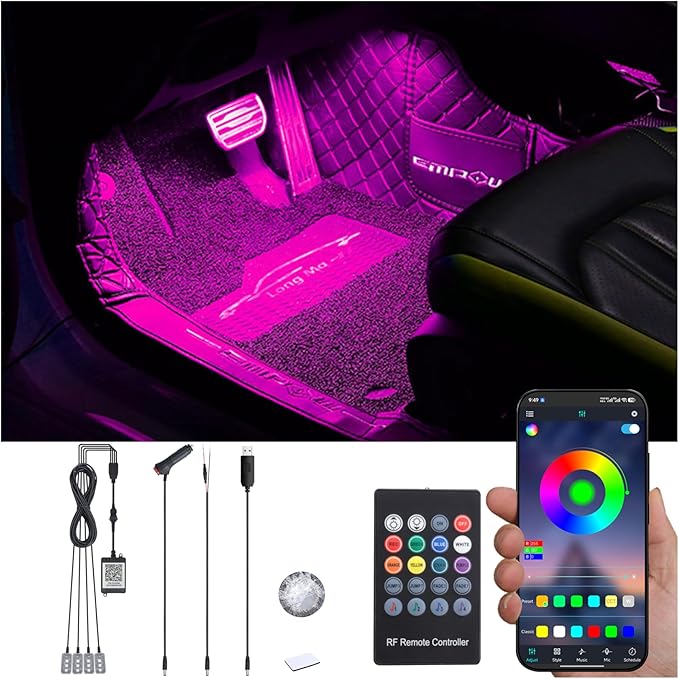 Car Footwell Interior Atmosphere Lights, Multicolor RGB Car Ambient Lighting Kit, DIY Mode Sound Active Music Sync, RF Remote Control + APP Control DC 12V