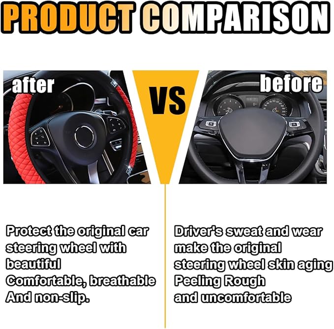 Bling Soft Leather Steering Wheel Cover, 15 Inch Colorful Rhinestones Auto Elastic Protector with Crystal Diamond for Women Girls, Car Accessories for Most Cars, SUVs (Red)