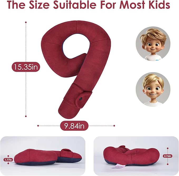 Kids Travel Neck Pillow, Toddler Travel Pillow for Car & Airplane and Head & Chin Support, Comfortably Travel Neck Pillow for Road Trip Sleeping, Gifts for Toddler/Child/Kids (Wine Red & Dark Blue)