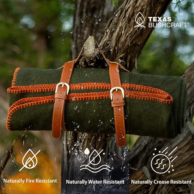 Texas Bushcraft Merino Wool Blanket for Camping, Hiking and Backpacking - Water and Fire Resistant Camp Car Blanket, Fast-Warming and Durable With Double-Stitched Edging (66" x 90")