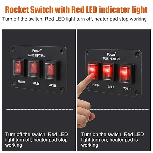Facon 12Volts Switch Box Panel, 30Amps Rocket On&Off Switch with Red Indicator Light for RV Tank System, IP66 Waterproof Control Gang Kit System for RV Tank Heating Pad