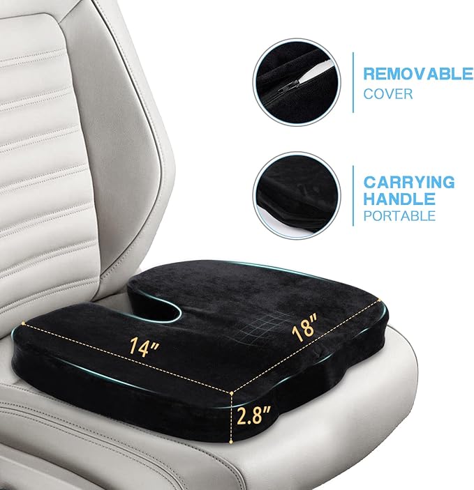 Car Seat Cushion for Sciatica Pain Relief, Extra Large Ergonomic Memory Foam Seat Pad for Lower Back & Tailbone Support, Cushion for Long Driving, Office Chair, Truck, Wheelchair - Black