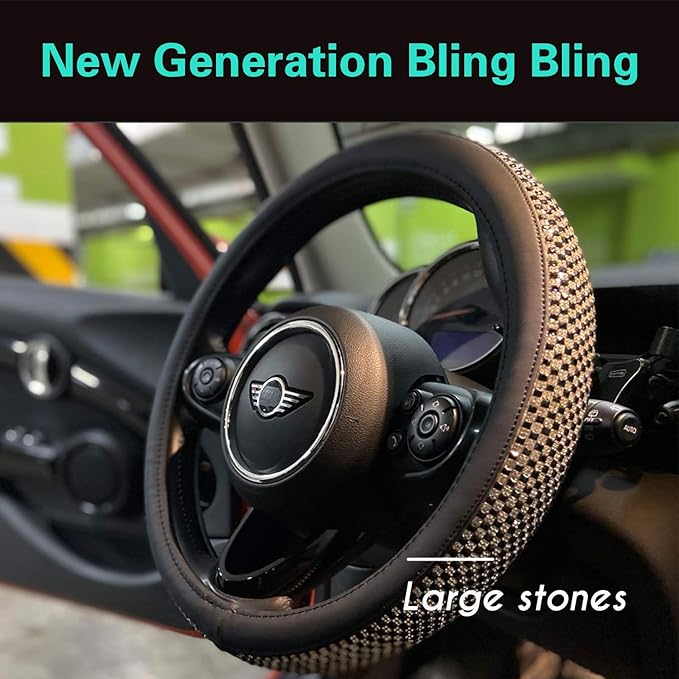 PINCTROT Bling Bling Comfy Steering Wheel Cover with Jumbo Crystal Rhinestones, Anti-Slip Diamond Leather, Universal 15 Inch (Black)