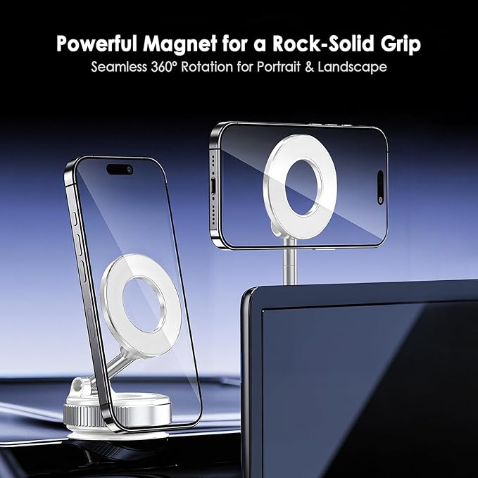 TENOC Magnetic Suction Car Phone Mount, 360° Rotation Phone Holder Mount, Foldable Cellphone Holders for Car/Gym/Shower/Mirror, White