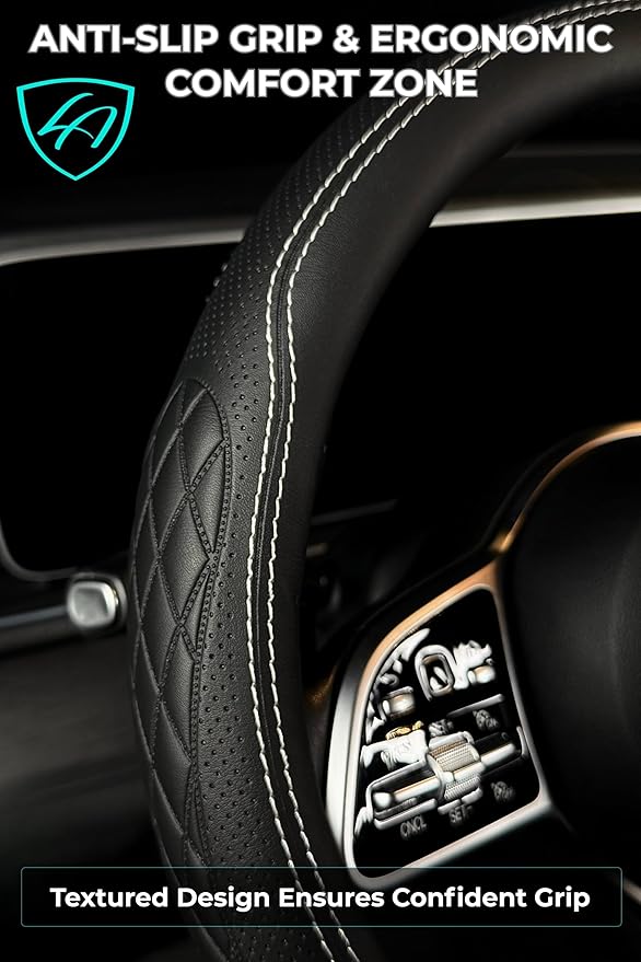 Lord Autofashion Steering Wheel Cover – PU Leather, Non-Slip Rubber Inner, All-Season Comfort – 14.5–15 Inch (Black/White 9366)