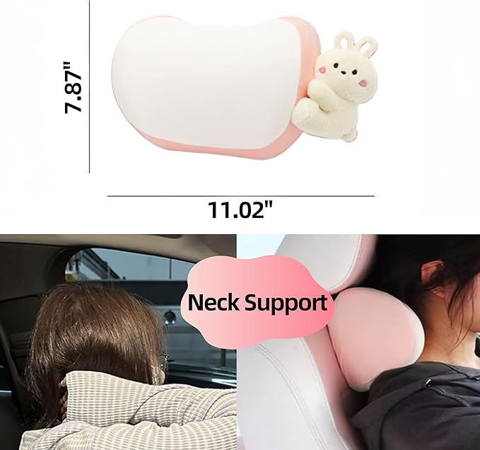 Cute Car Headrest Pillow 2PCS Bear Bunny Car Seat Neck Pillow Memory Foam Neck Support Cushions for Comfortable Driving Easy Install & Washable (Pink+Brown)