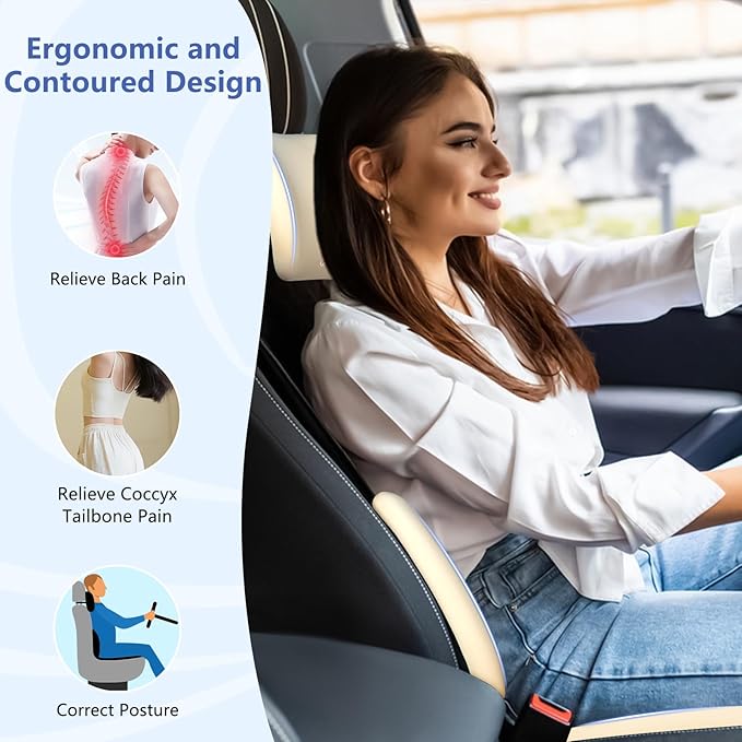 Car Seat Cushion with Neck Pillow & Lumbar Support Back Sciatica Tailbone Pain Relief Car Pillows Ergonomic Memory Foam Back Support for Driving Seat Office Chair Wheelchair 3 Pcs Beige