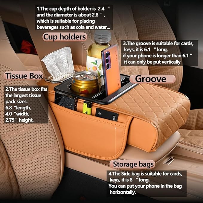 Car Armrest Cushion,5-in-1 Center Console Cover with 2 Storage Bags Cup Holder, Tissue Box Slot, Phone Slot for Sedans, Car Accessories Interior Organizers (coffee)