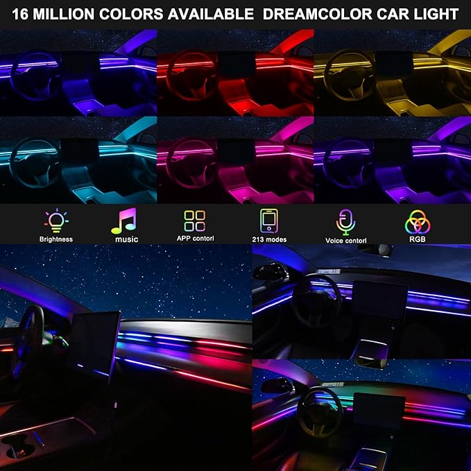 Dreamcolor Acrylic Interior Car LED Strip Light with USB/Type C, RGB 6 in 1 with 187 inches 650 LEDs Strip, Dynamic Chasing Music Sync Neon Ambient Lighting Kits