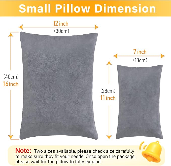 2 Pack Small Pillow, 16 X 12 Inches, Memory Foam Mini Pillow for Travel, Camping, Sleeping, Nap and Neck, Knee, Lumbar Support, Tiny Cushion for Pet, Dogs (Grey)